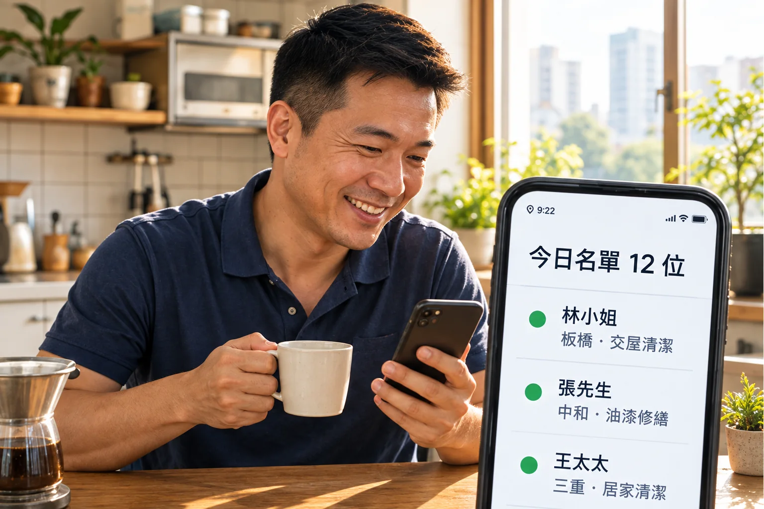 早上一打開手機，今天該找的 12 位客人已經整理好